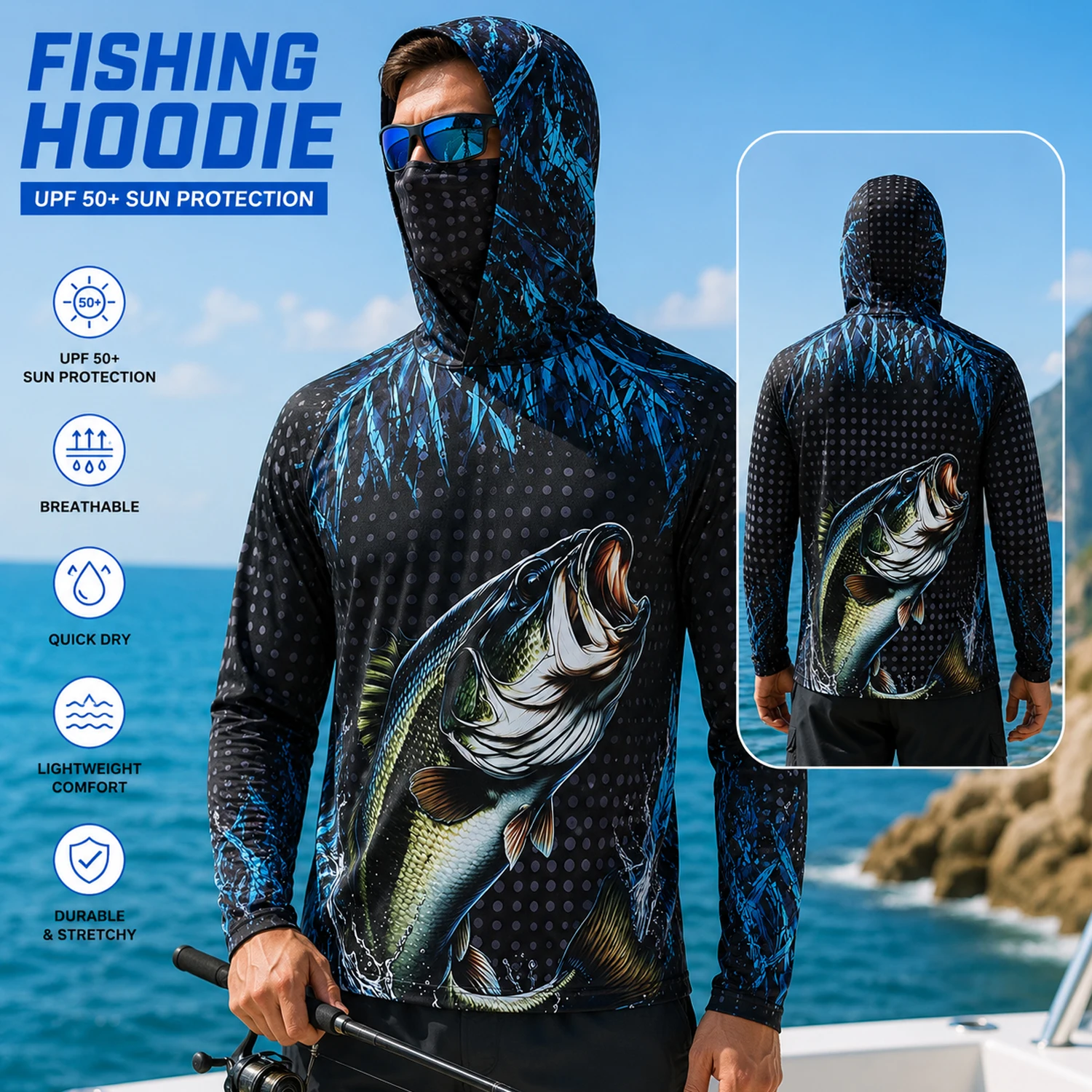 Fishing Mask Sun Protection - Camisa de pesca com capuz e